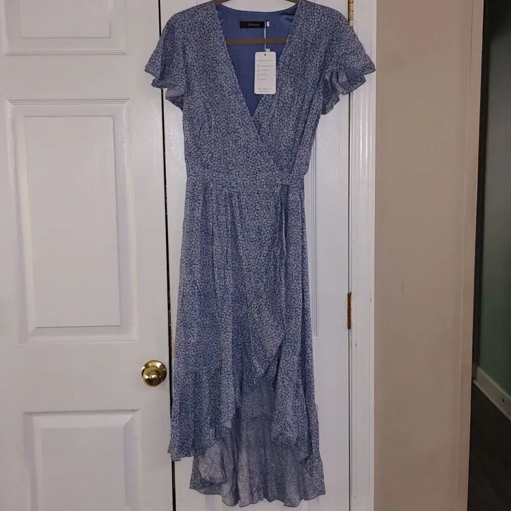 Zesica lt blue Bohemian Floral Printed Wrap Short Sleeve Split Maxi Dress